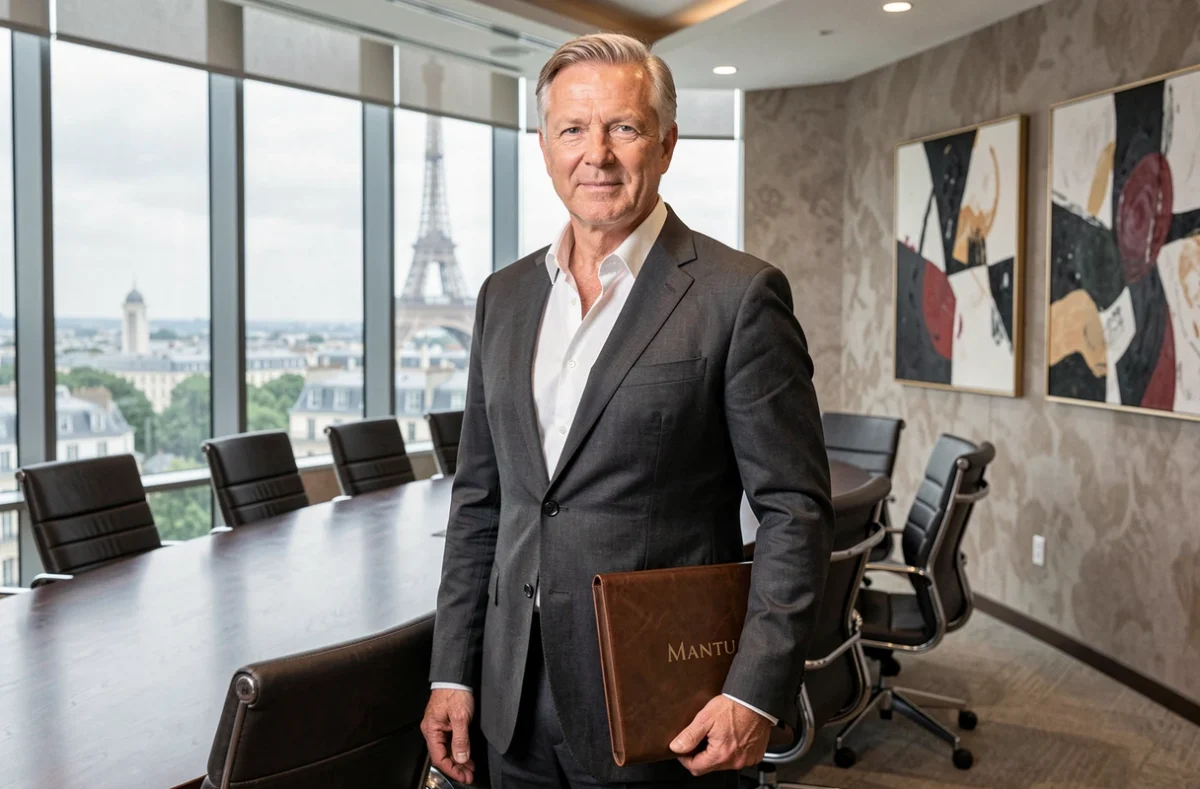 Consultant senior Mantu en costume charcoal dans une salle de direction avec vue sur la skyline de Paris