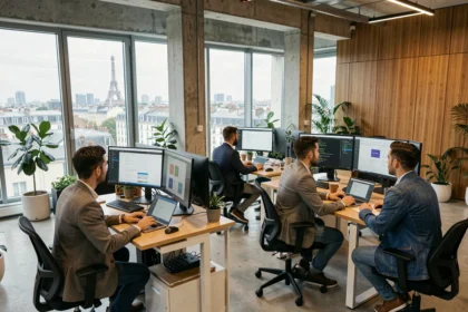 Équipe d'une agence de développement web dans les Hauts-de-Seine travaillant sur des projets numériques dans un open space moderne