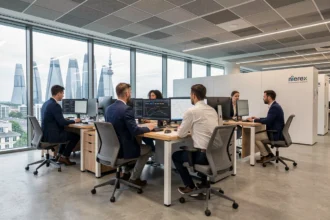 Équipe de professionnels informatiques travaillant dans un bureau moderne des Hauts-de-Seine avec vue sur La Défense