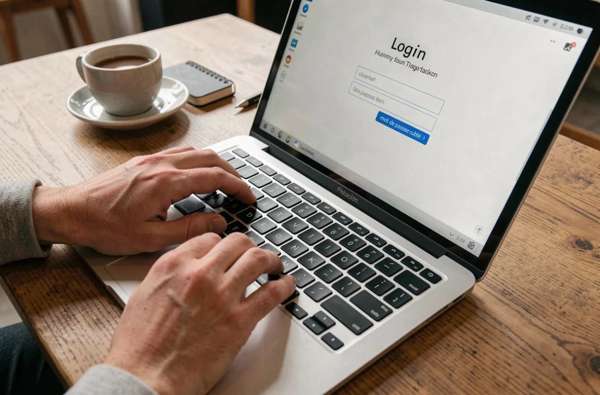 Mains tapant sur un clavier d'ordinateur portable pour récupérer un mot de passe oublié sur Zimbra dans un café
