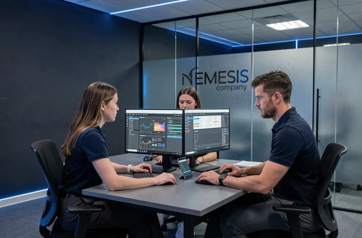 Équipe de cybersécurité NEMESIS surveillant des tableaux de bord dans un centre opérationnel sécurisé à Paris