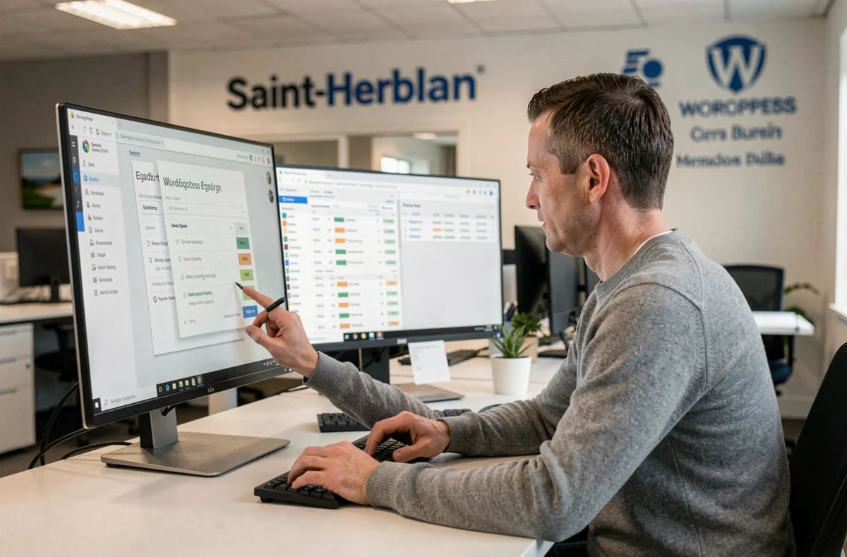 Spécialiste SEO et WordPress de l'agence NEWP à Saint-Herblain analysant des données de référencement et de performance sur deux écrans