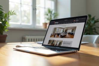 Ordinateur portable sur un bureau lumineux avec publicité en ligne