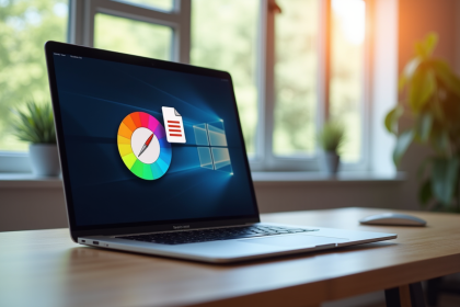 Ordinateur portable moderne sur bureau lumineux avec icône PDF