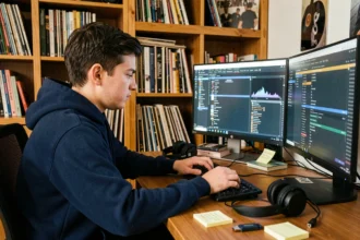 Jeune homme organisant sa bibliothèque audio sur un ordinateur de bureau avec des fichiers MP3 dans un bureau à domicile