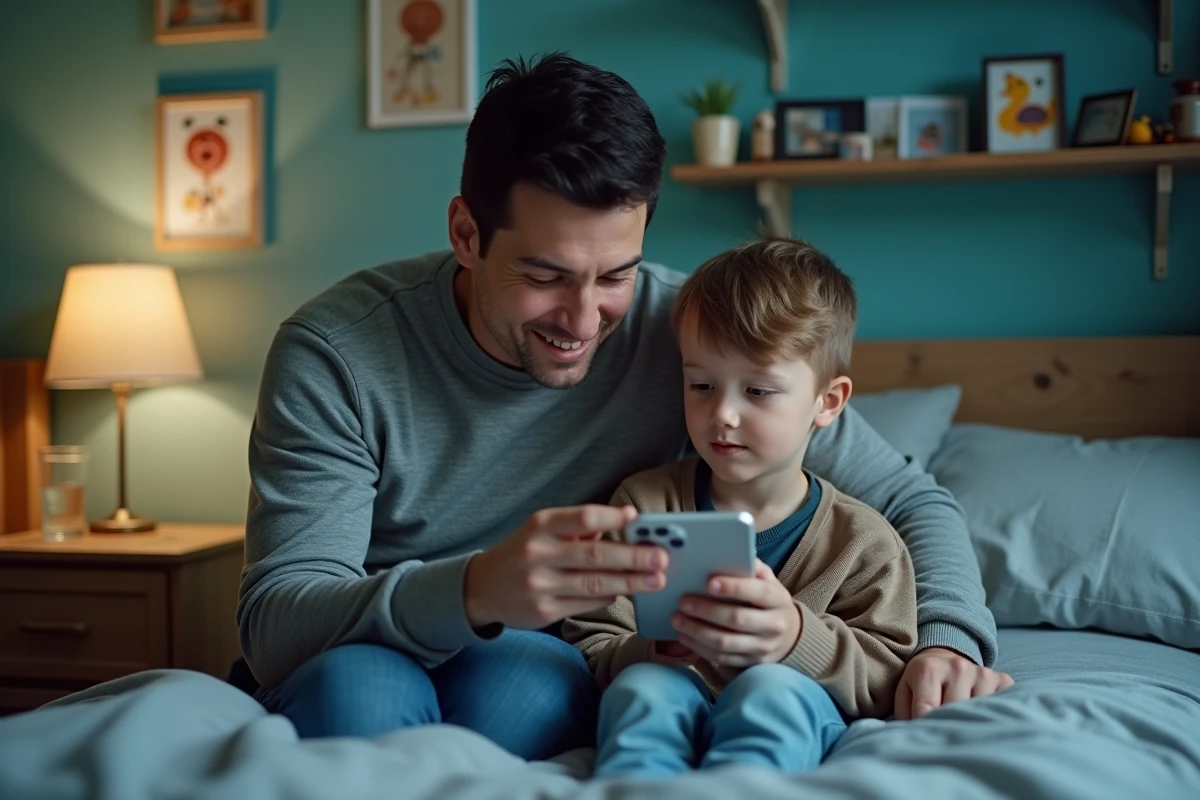 Parent aidant son enfant à configurer les sons d'alarme de l'iPhone pour le coucher