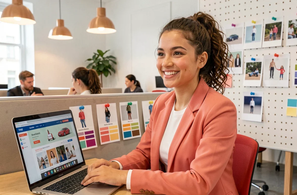Stratège digitale de l'agence Peechy devant une interface e-commerce dans un espace de co-working lumineux et créatif