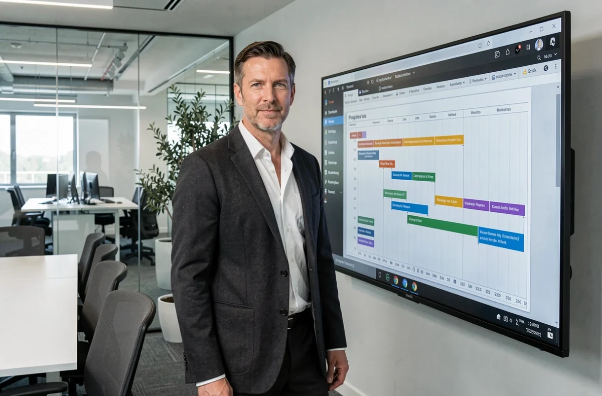 Chef de projet de Pennel Propulse présentant une feuille de route de développement web sur un écran interactif en salle de réunion