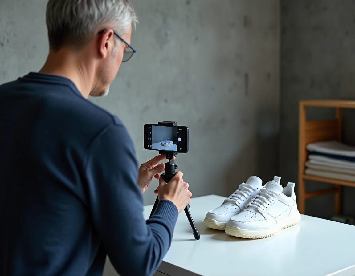 Homme photographiant des sneakers avec un smartphone pour illustrer une fiche produit sans coût