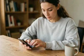 Jeune femme programmant un message WhatsApp sur un smartphone Android depuis son bureau à domicile