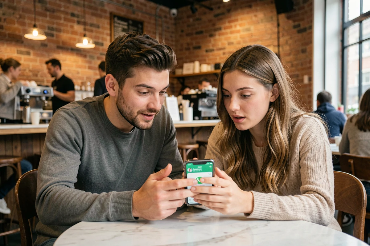 Deux collègues découvrant ensemble comment programmer un message WhatsApp dans un café