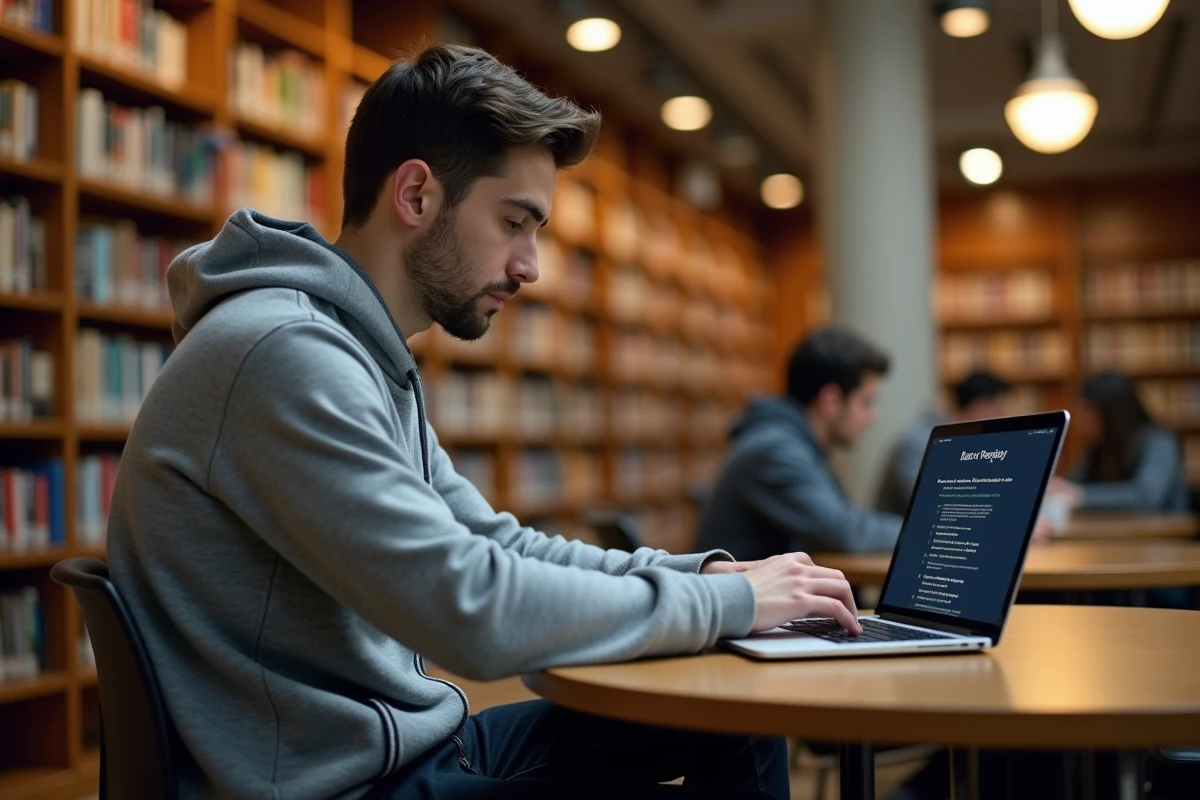 Étudiant consultant les paramètres de confidentialité et de protection des données personnelles sur l'intranet de l'Université Lyon 3 en bibliothèque
