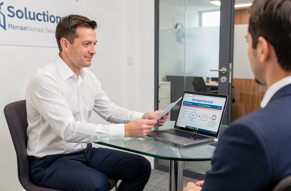 Consultant de Provectio présentant une offre de services informatiques managés à un client en réunion privée