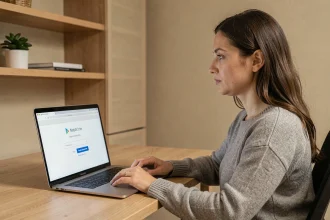 Femme devant un ordinateur portable cherchant à récupérer un mot de passe oublié sur Zimbra