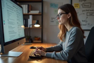 Femme rédigeant des prompts ultra réalistes pour personnages IA sur son ordinateur dans un bureau minimaliste