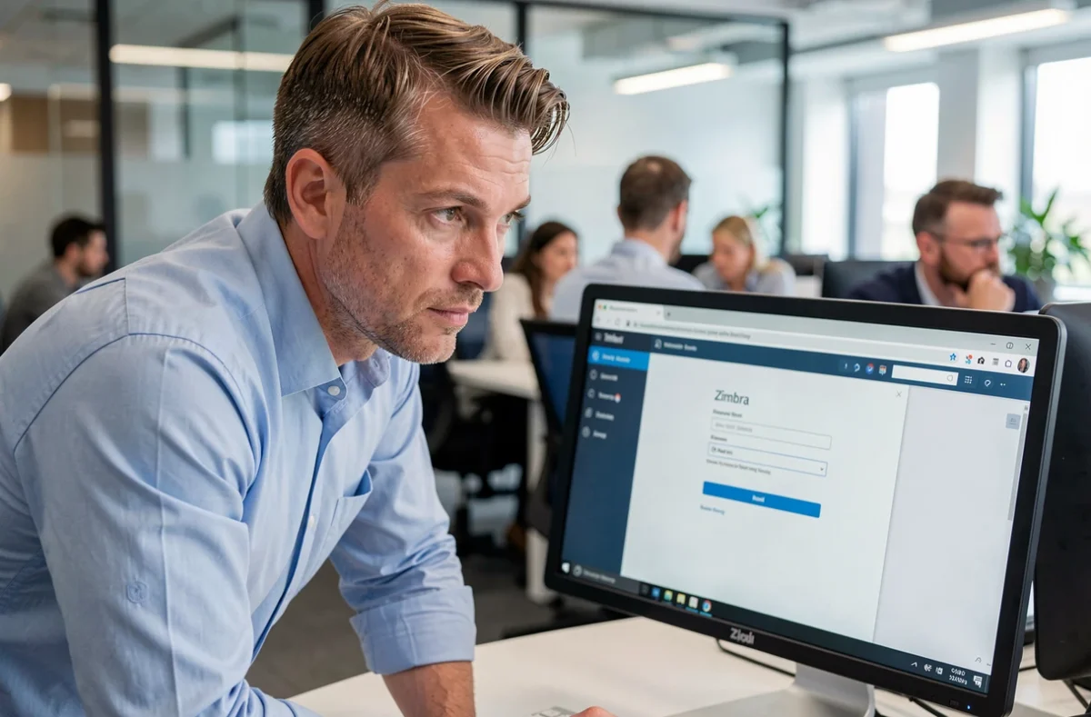 Homme en open space essayant de réinitialiser son mot de passe sur l'interface webmail Zimbra Mercure