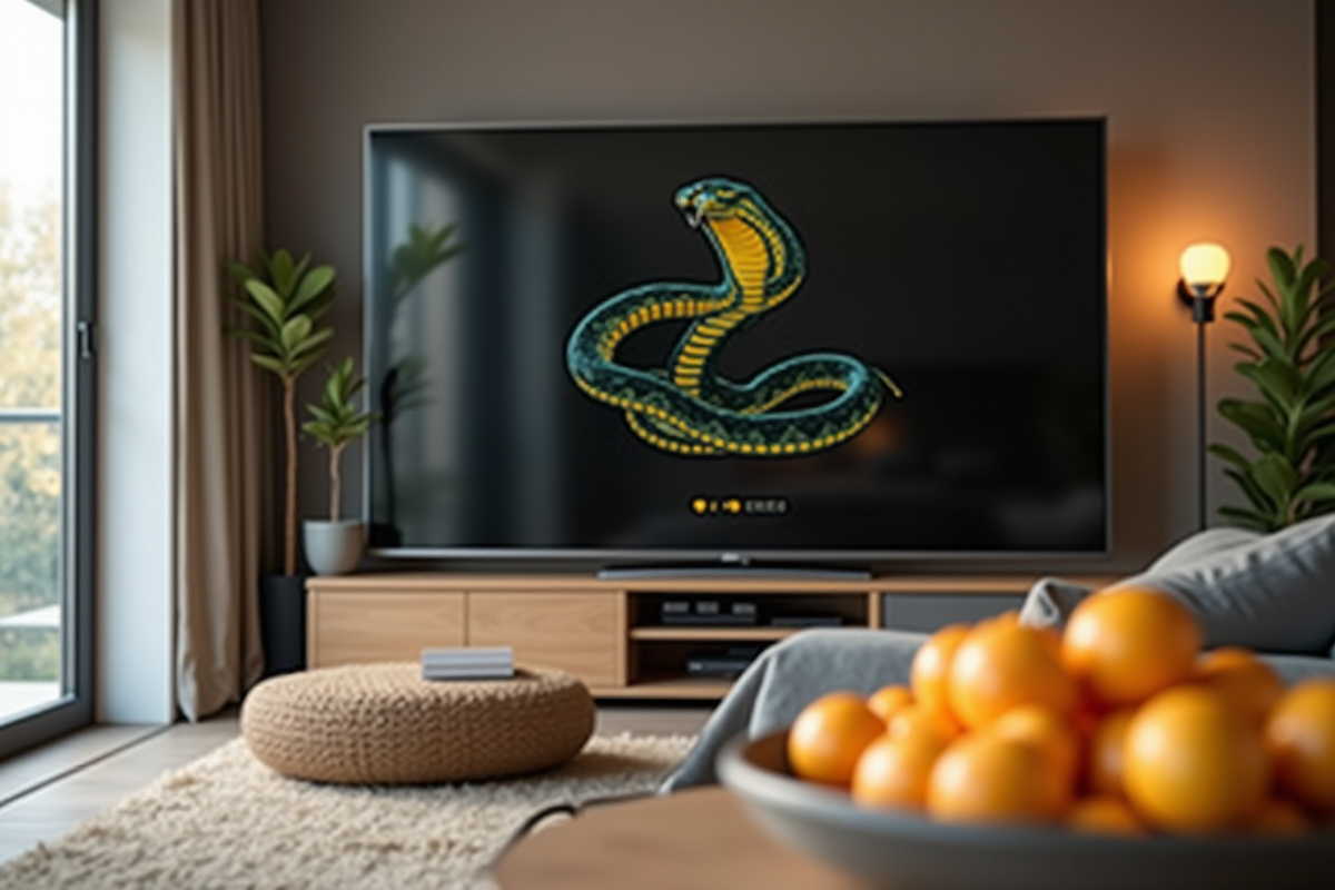 Salon moderne avec télévision affichant le menu du Snake