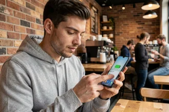 Homme tenant un Samsung Galaxy A55 dans un café moderne, vérifiant l'autonomie de la batterie sur l'écran