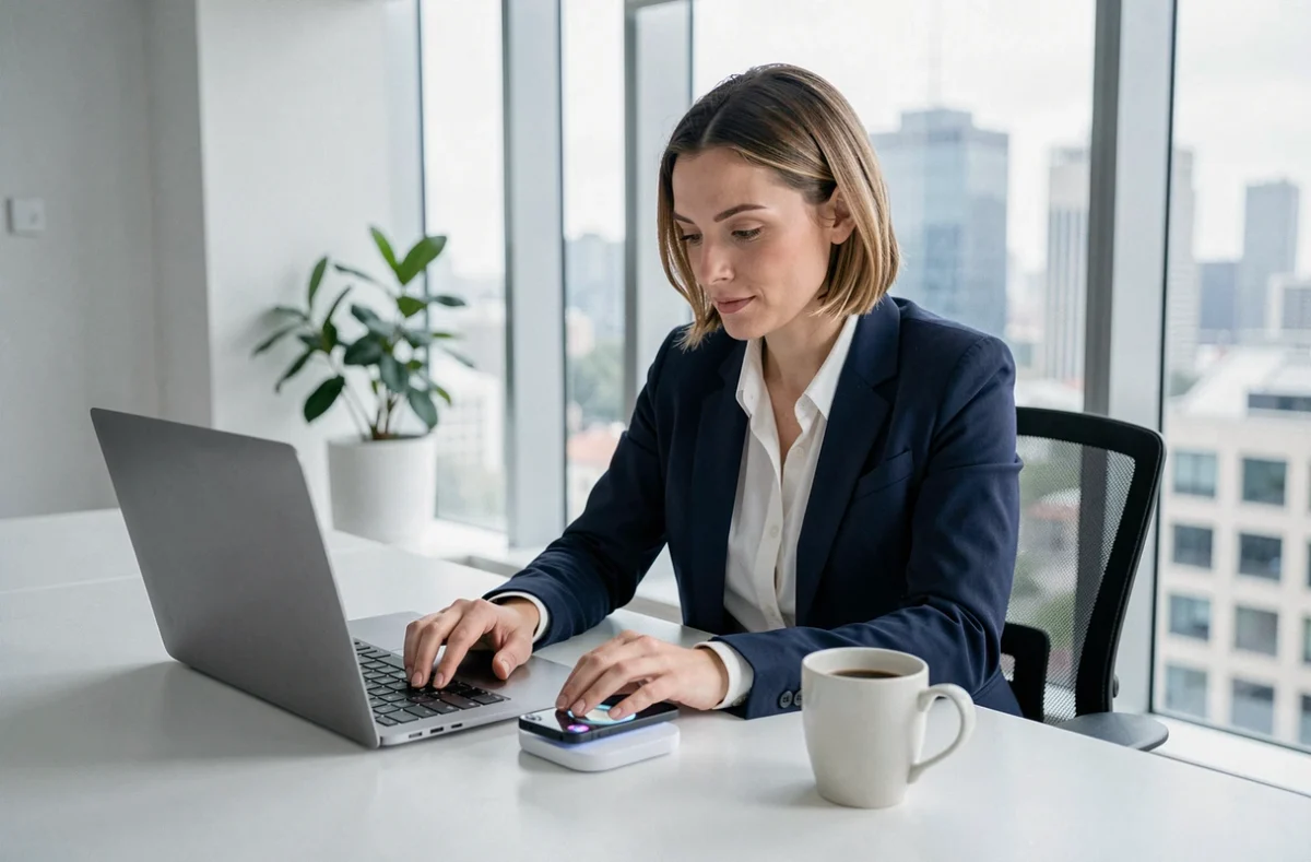 Femme en tenue professionnelle rechargeant un Samsung Galaxy A55 sur un bureau minimaliste en open space