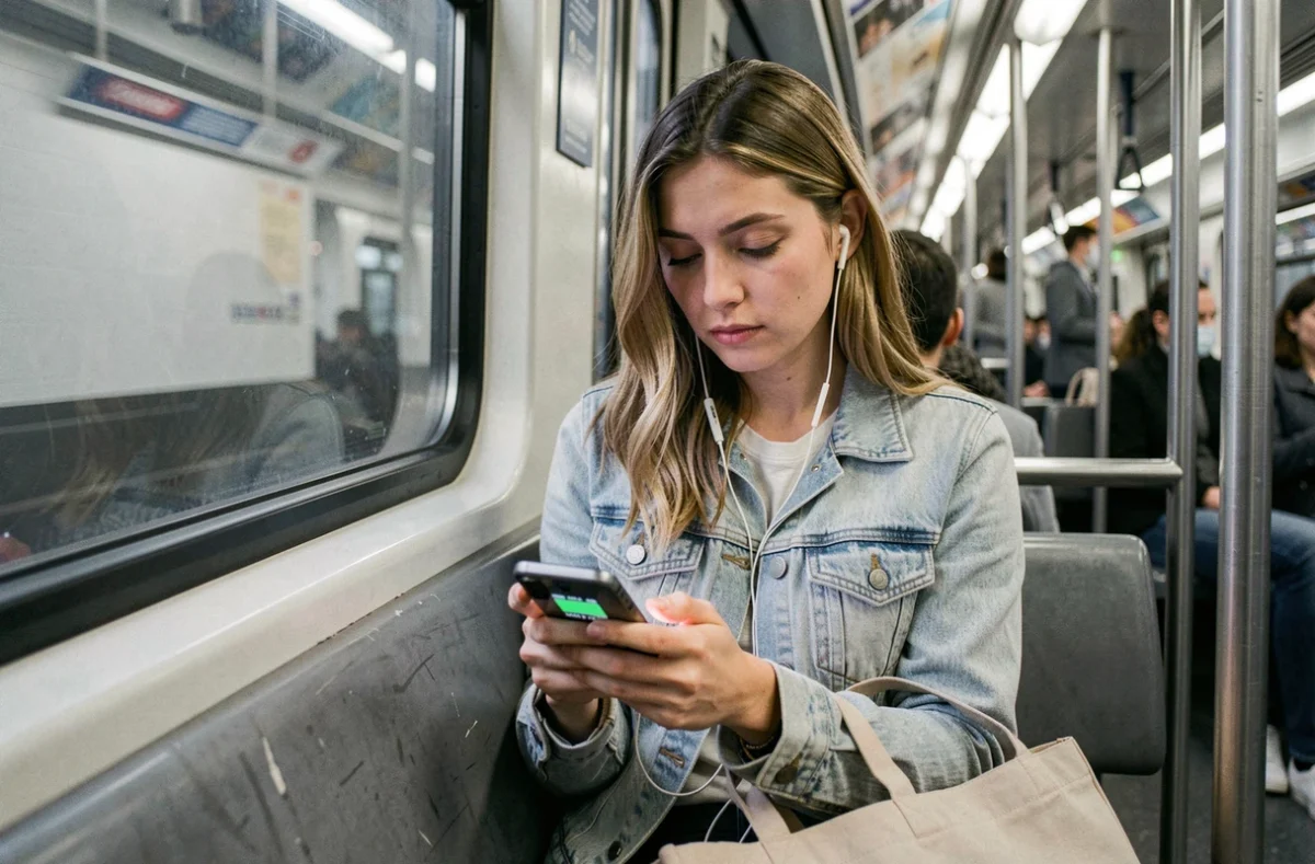 Jeune femme utilisant son Samsung Galaxy A55 dans le métro, notification batterie visible à l'écran