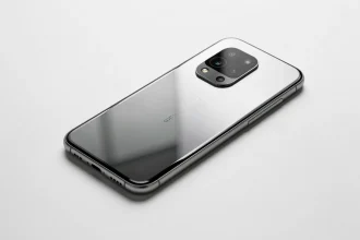 Design futuriste du Samsung Galaxy S25 avec cadre titanium et module caméra circulaire sur fond blanc minimaliste