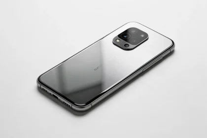 Design futuriste du Samsung Galaxy S25 avec cadre titanium et module caméra circulaire sur fond blanc minimaliste