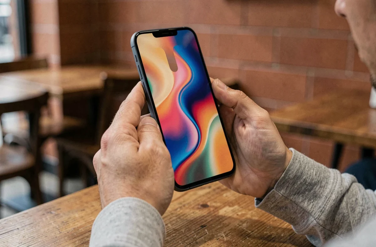 Utilisateur tenant le Samsung Galaxy S25 dans un café urbain révélant l'écran AMOLED et le design épuré du smartphone
