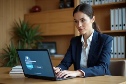 Étudiante universitaire sécurisant son compte intranet Lyon 3 avec une authentification à deux facteurs sur son ordinateur portable