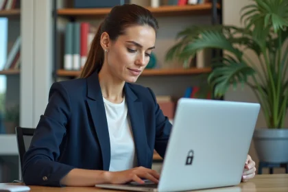 Enseignante sécurisant son webmail académique sur un ordinateur portable dans un bureau administratif scolaire