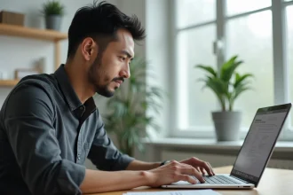 Homme concentré travaillant sur un ordinateur portable dans un bureau moderne, symbolisant la sécurité et l'anonymat en ligne en 2026