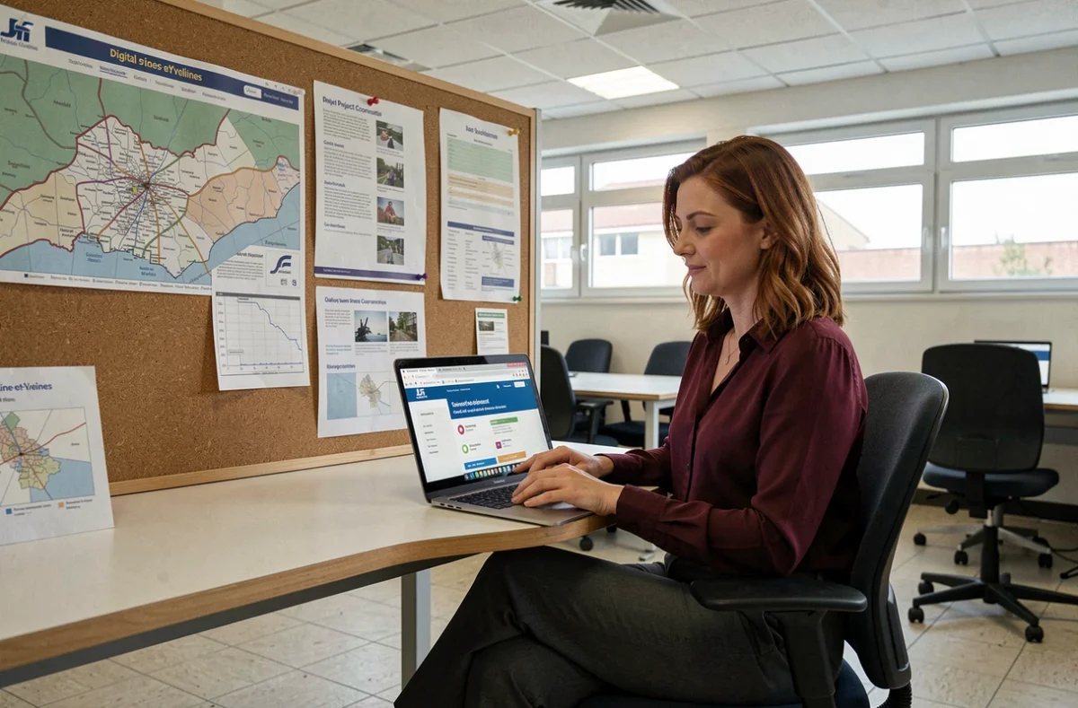 Coordinatrice de projet de Seine et Yvelines Numérique travaillant sur un portail web public dans un bureau institutionnel