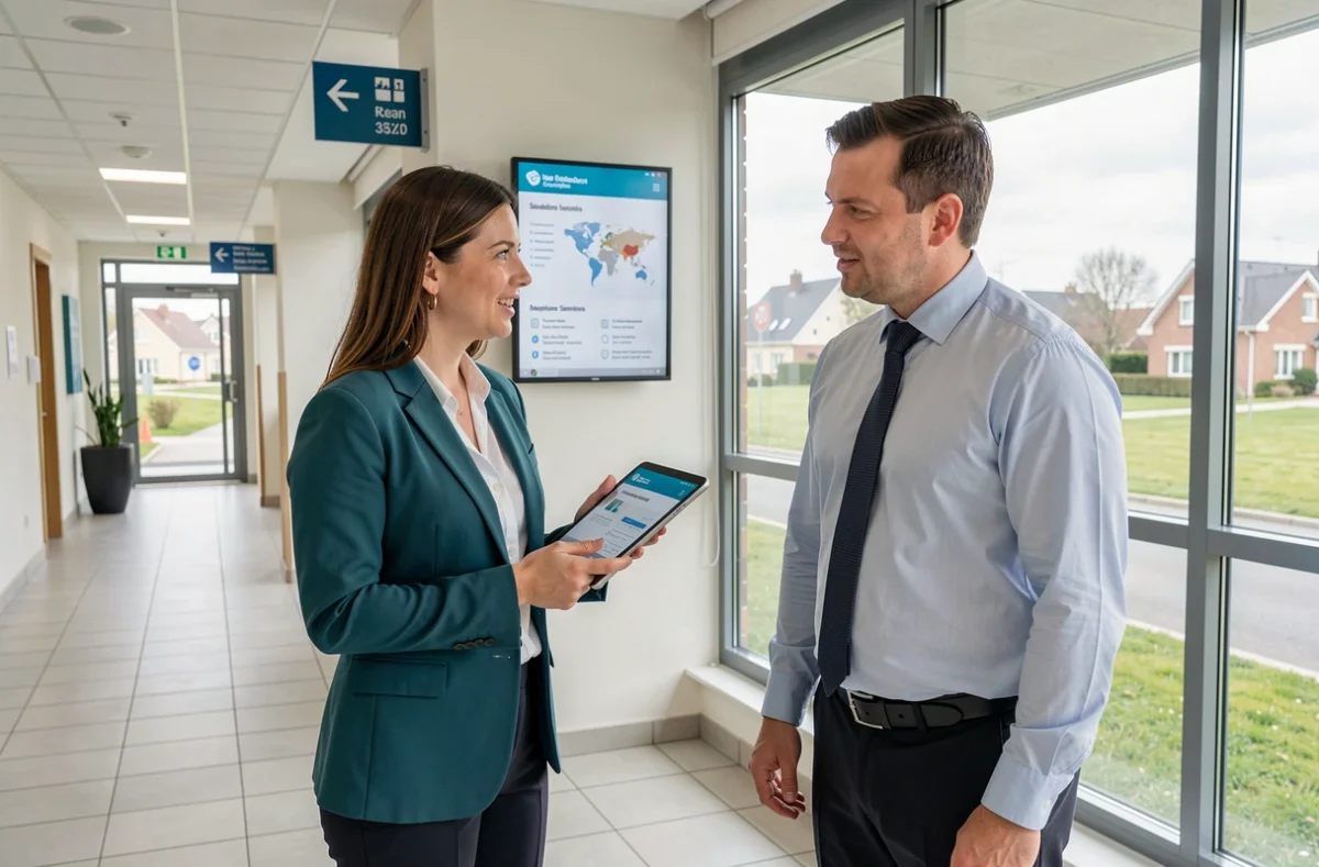 Conseillère de Seine et Yvelines Numérique présentant un portail de services numériques dans un bâtiment public régional