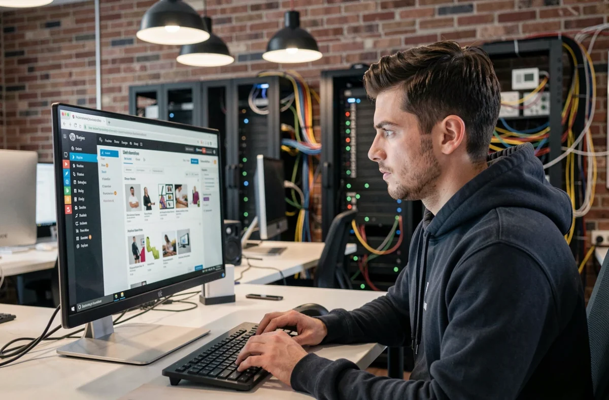 Développeur e-commerce de l'agence Smartfire à Nantes travaillant sur une boutique WooCommerce dans un bureau au style industriel