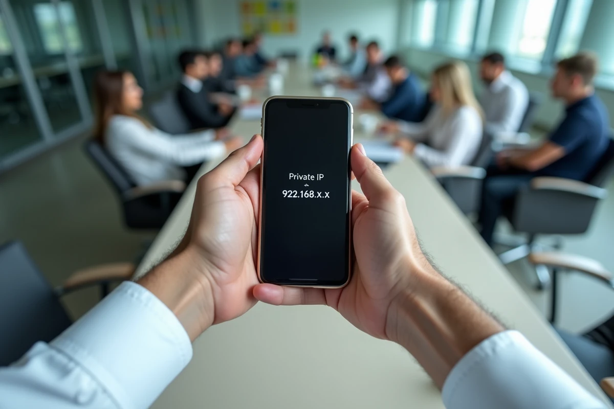 Mains tenant un smartphone affichant une adresse IP privée dans une application de diagnostic réseau au bureau