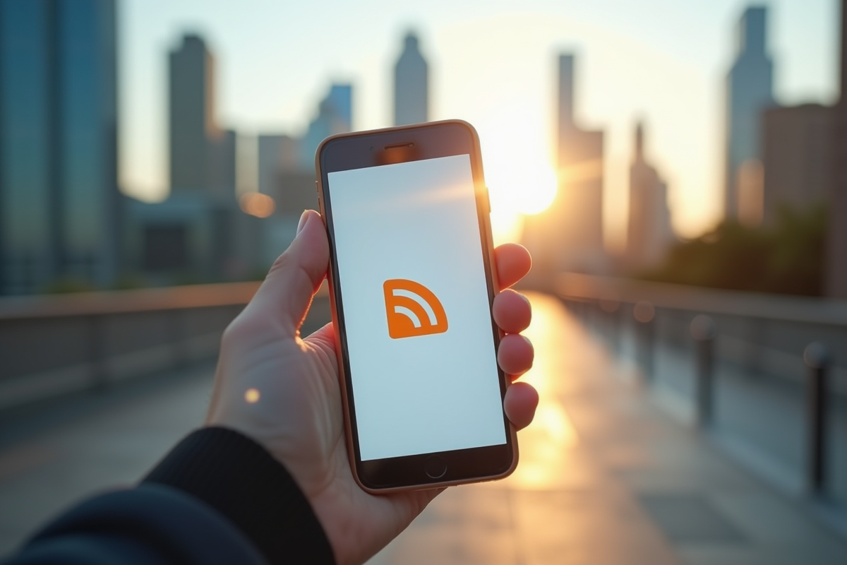 Smartphone en main avec flux RSS visible à l