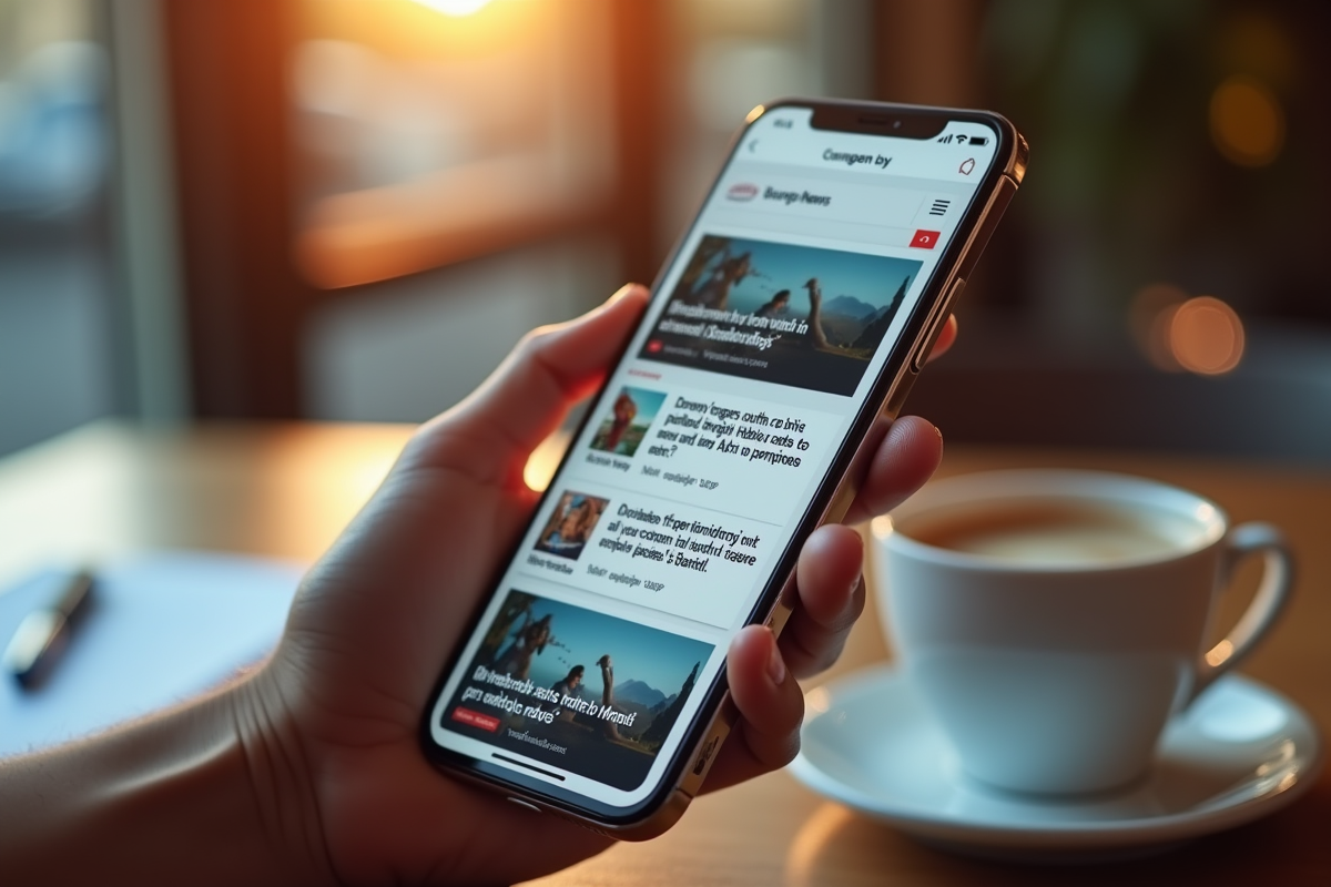 Smartphone en main naviguant sur un site avec publicite verticale