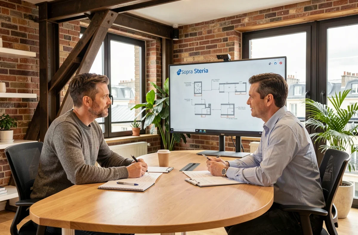 Deux consultants de Sopra Steria analysant des diagrammes dans une salle de réunion moderne à Paris