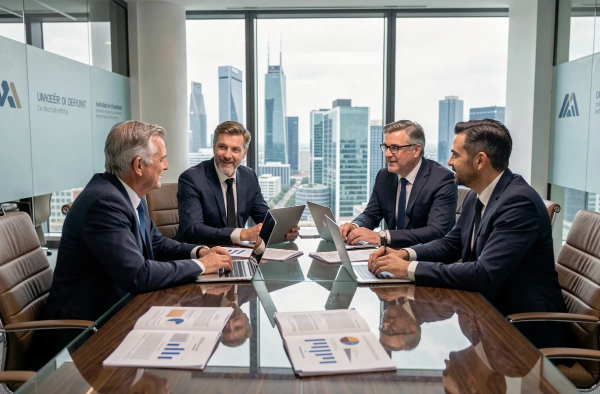 Équipe de consultants seniors de Sopra Steria Group en réunion stratégique avec vue sur La Défense