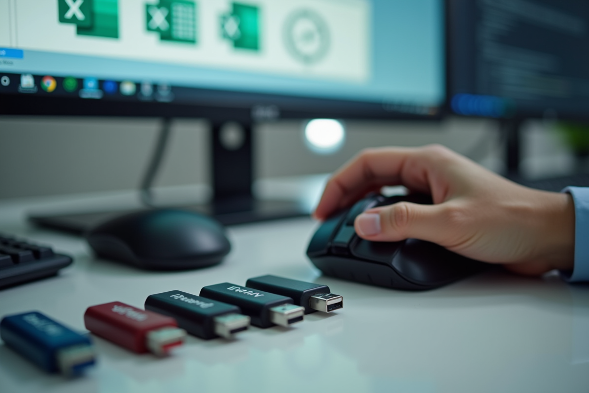 Main utilisant une souris avec accessoires informatiques