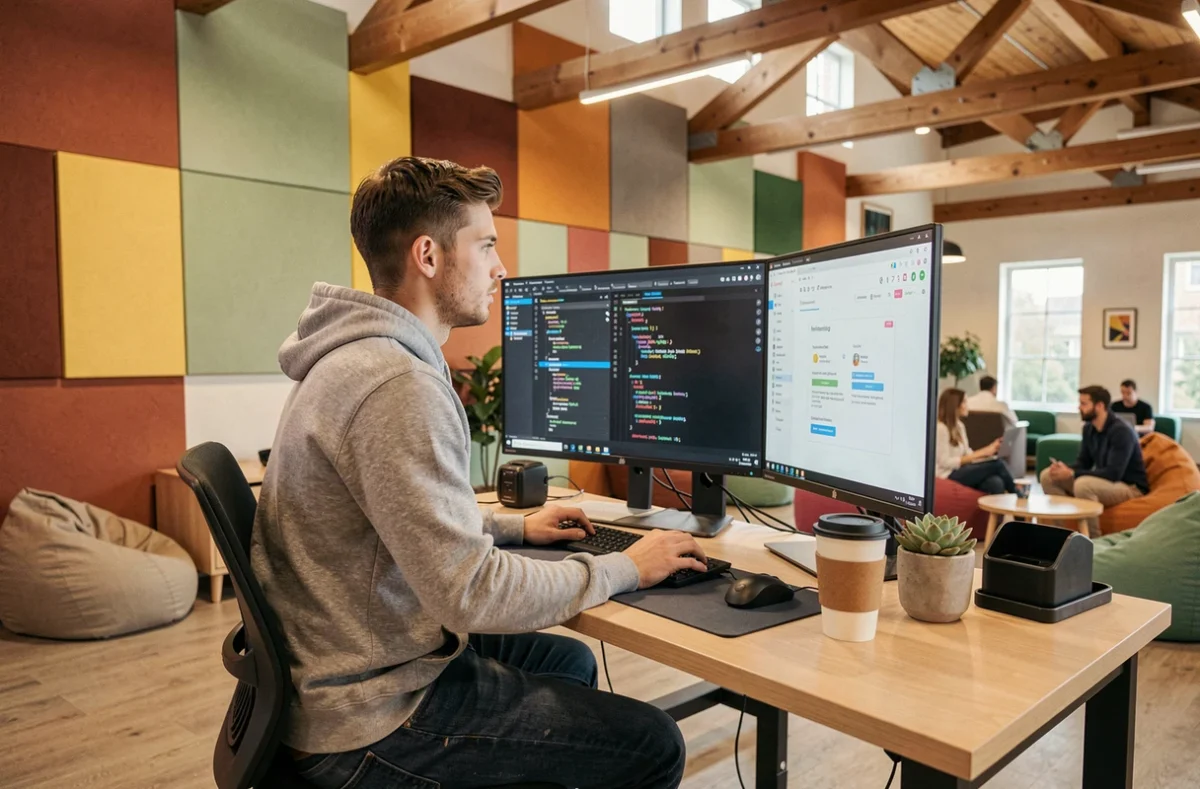 Développeur de Steamulo travaillant sur une application web dans un espace de travail startup créatif