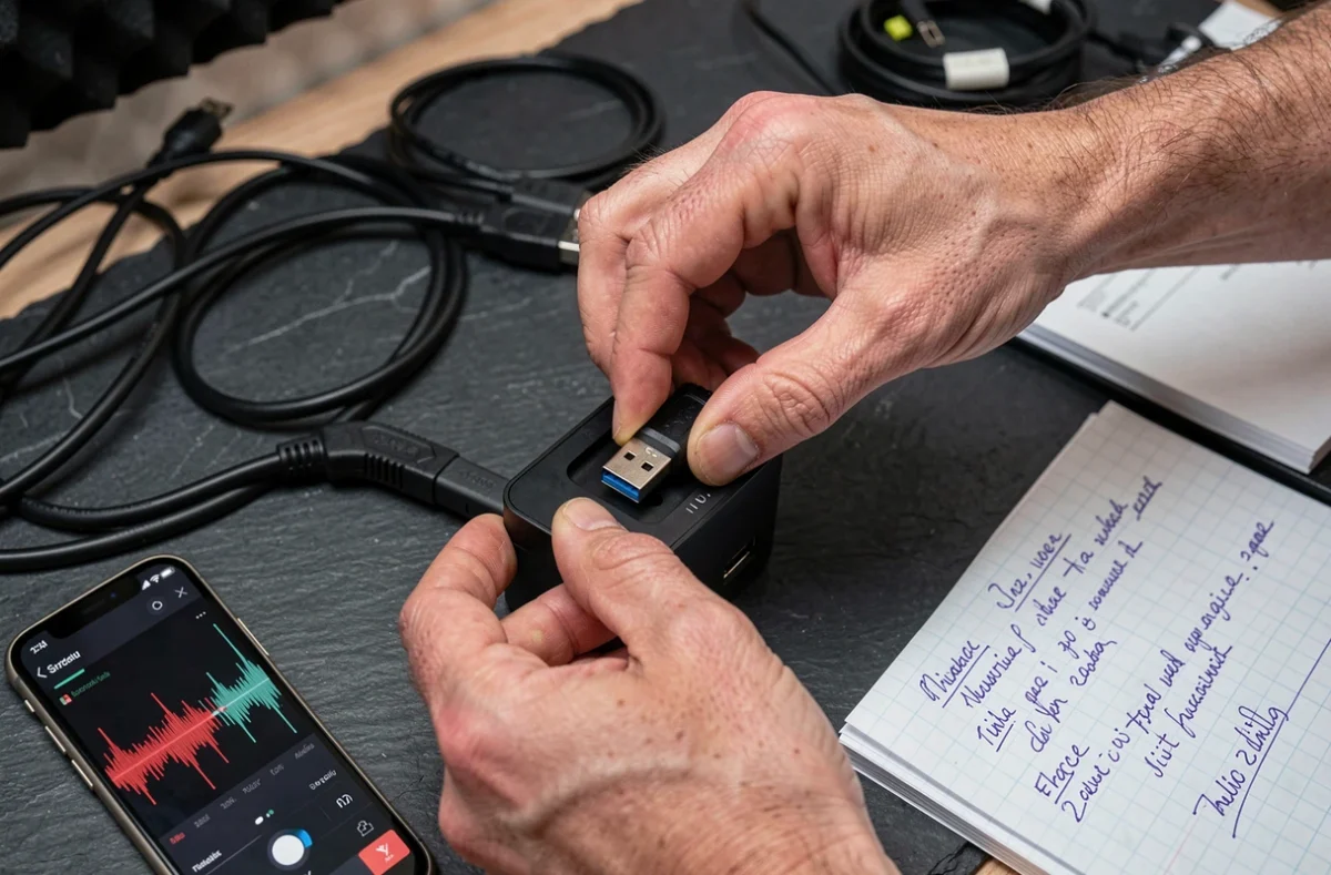 Mains d'un homme branchant une clé USB sur un disque dur externe pour stocker une bibliothèque audio compressée
