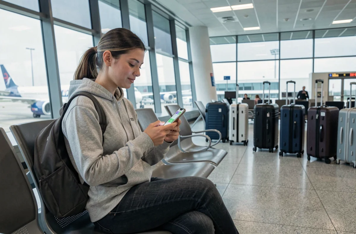 Jeune femme utilisant l'iPhone avec Apple Localiser dans un salon d'aéroport pour suivre ses bagages