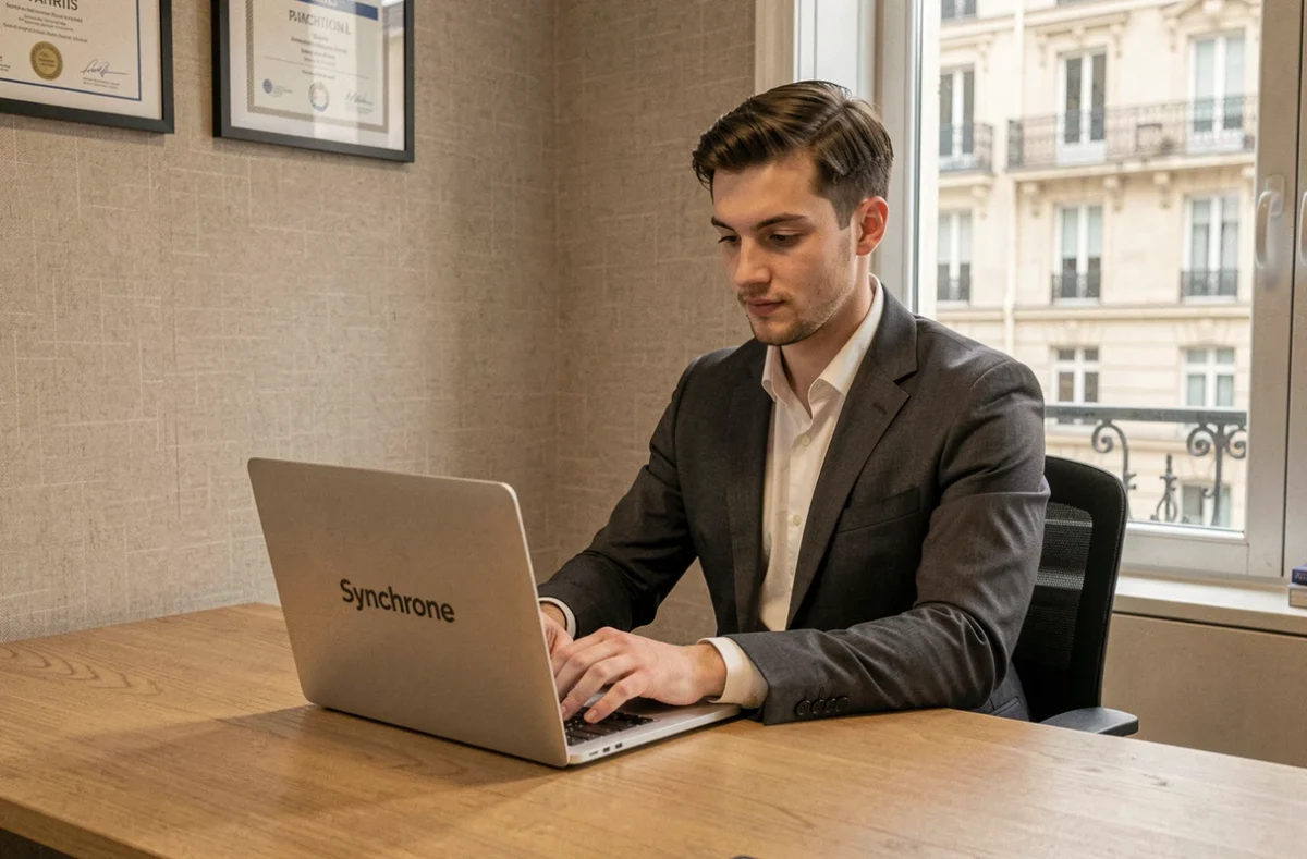 Consultant Synchrone en costume sombre travaillant sur son laptop dans un bureau parisien épuré