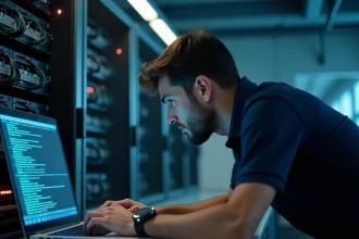Technicien informatique analysant une adresse IP privée sur un terminal dans une salle serveur moderne