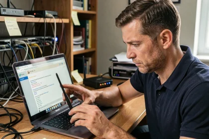 Technicien informatique vérifiant une erreur d'accès à l'adresse IP 192.168.1.15 sur un ordinateur portable dans un bureau à domicile