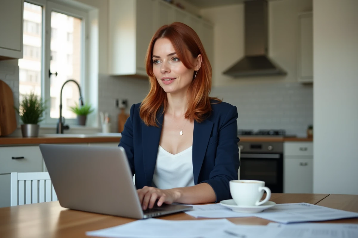Femme en télétravail depuis sa cuisine consultant sa messagerie webmail professionnelle sur ordinateur portable