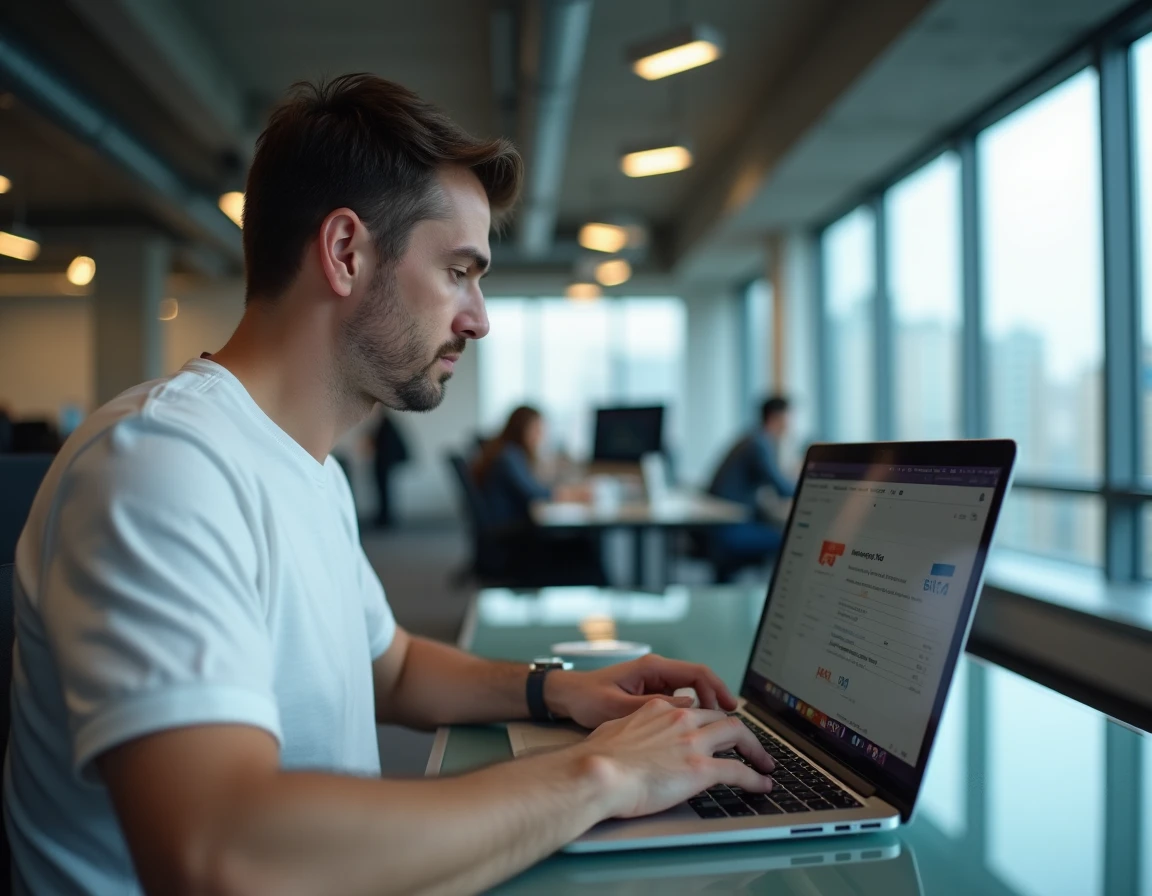 Homme concentr&eacute; r&eacute;alisant un test de rapidit&eacute; de frappe sur ordinateur portable dans un open space professionnel