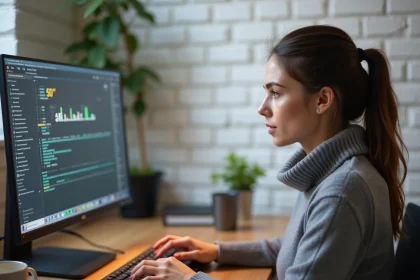 Jeune femme testant sa vitesse de frappe sur un clavier m&eacute;canique dans un bureau moderne &agrave; domicile