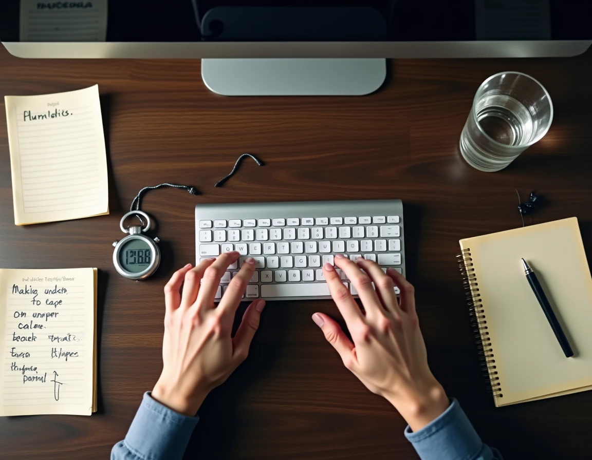 Vue a&eacute;rienne de mains en mouvement sur un clavier sans fil entour&eacute; de notes d'entra&icirc;nement &agrave; la frappe rapide