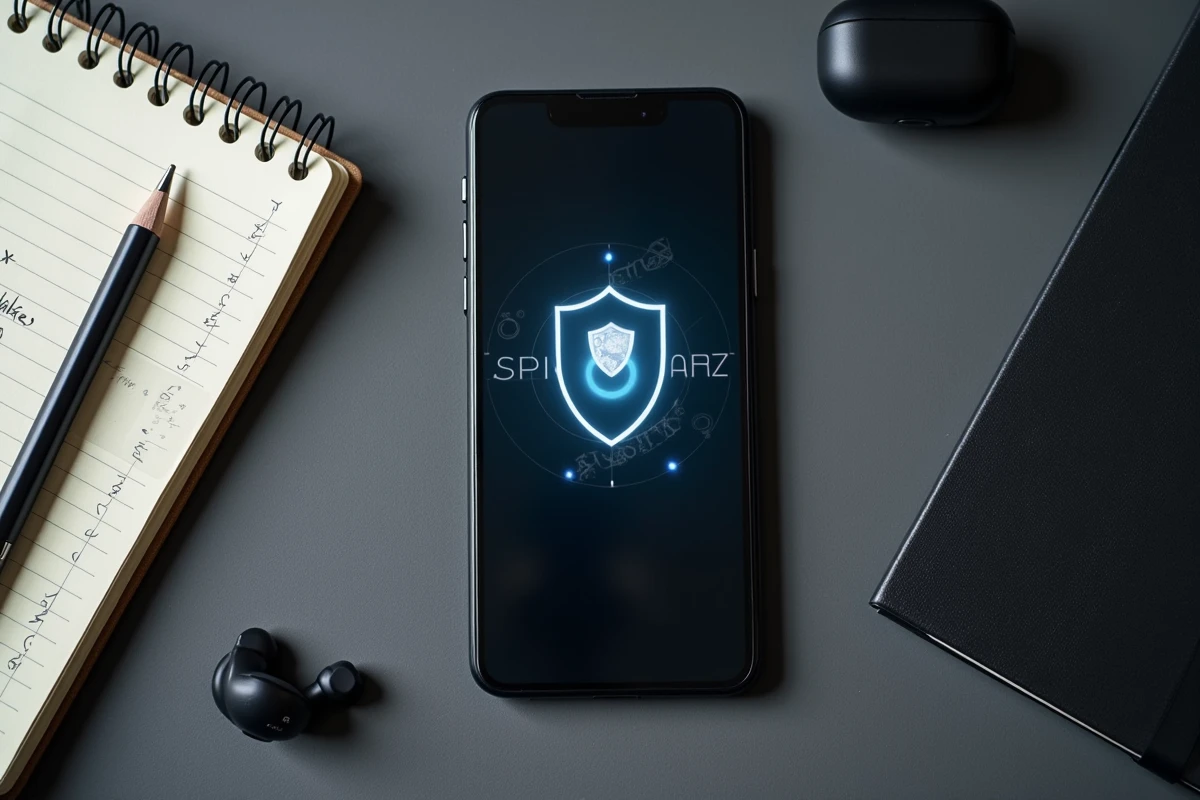 Vue aérienne d'un smartphone affichant une interface de confidentialité sur un bureau minimaliste, représentant la sécurité numérique et l'anonymat en ligne